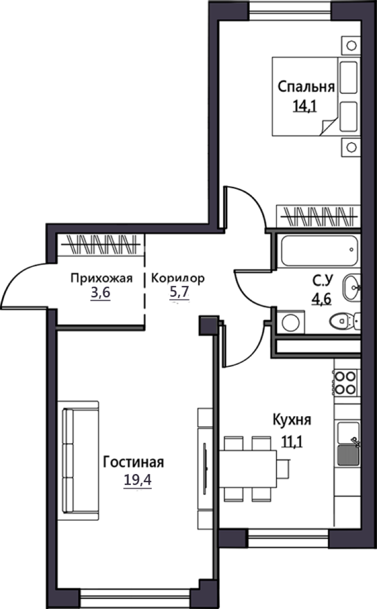 2-комнатные · 59.0–61.1 м²