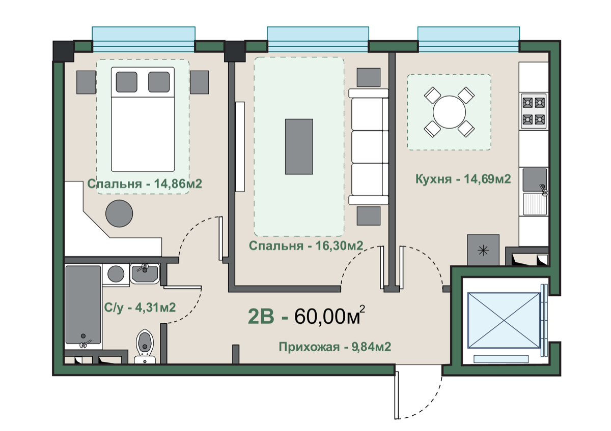 2-комнатные · 60.0 м²