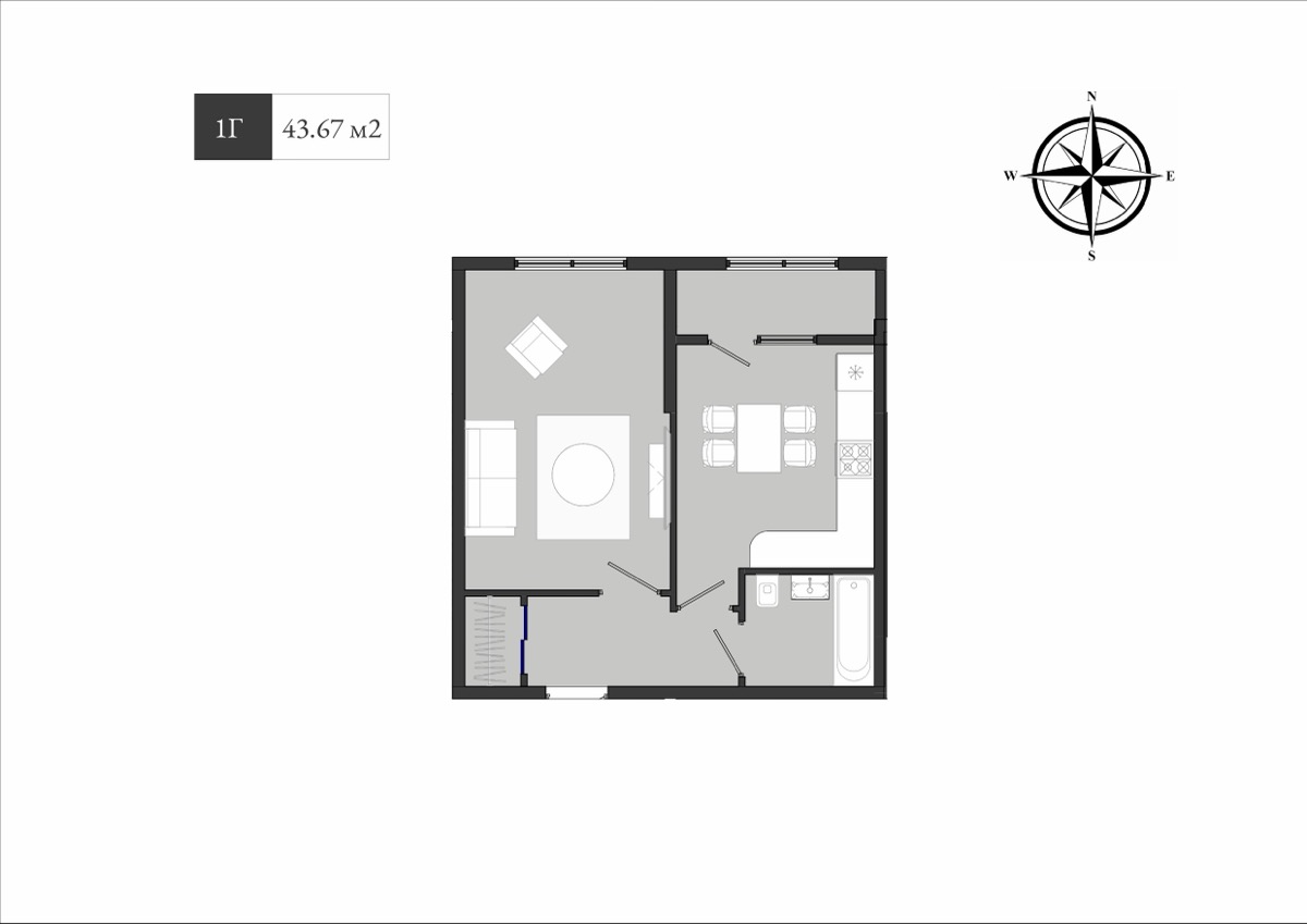 1-комнатные · 43.7 м²