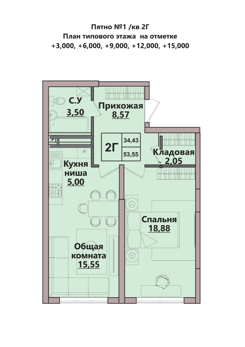 2-комнатные · 53.5 м²